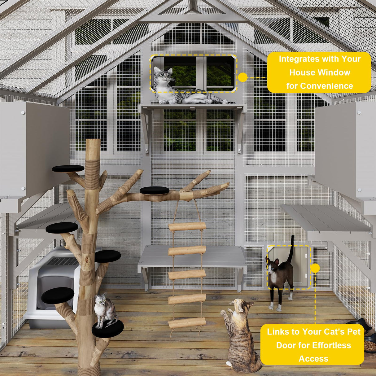 PetsCosset 71" H Catio Outdoor Cat Enclosure for Multiple Cats Large Wooden Walk in Cats House Outside Weatherproof Roof,Attached to House's Window,Cat's Door and Tunnel PetsCosset