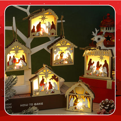 Anglechic 6 Pcs LED Nativity Scene Wooden Ornament 3D Christmas Religious Ornaments Rustic Light up Nativity Hanging Ornaments for Birth of Jesus Xmas Tree Christian Gift Holiday Party Decor(House)