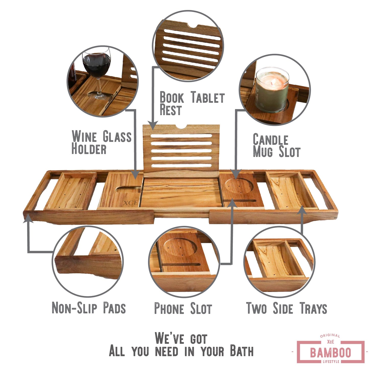 XcE Teak Bathtub Tray Expandable to 105cm with Solid Book Stand and Soap Tray, Teak - WoodArtSupply