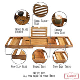 XcE Teak Bathtub Tray Expandable to 105cm with Solid Book Stand and Soap Tray, Teak XcE