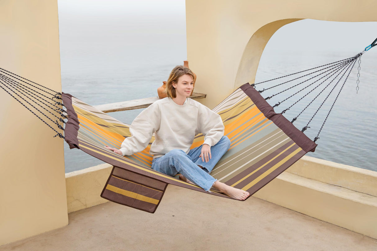 GAFETE 14ft Two Person Outdoor Hammock, Portable Camping with Folding Steel Spreader Bar, Carrying Bag, Carabiners, Tree Straps, Pillow & Sidebag, Quick Dry Textilene, 550 lbs Capacity (Coffee) gafete