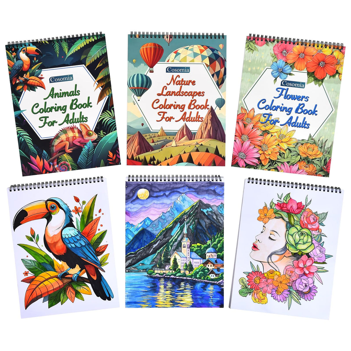Cosomia Adult Coloring Books Set, 3 Fun Coloring Books for Adult Relaxation, 60 Pages of Flowers Nature Landscapes Animals, Brain Game for Adults Cosomia