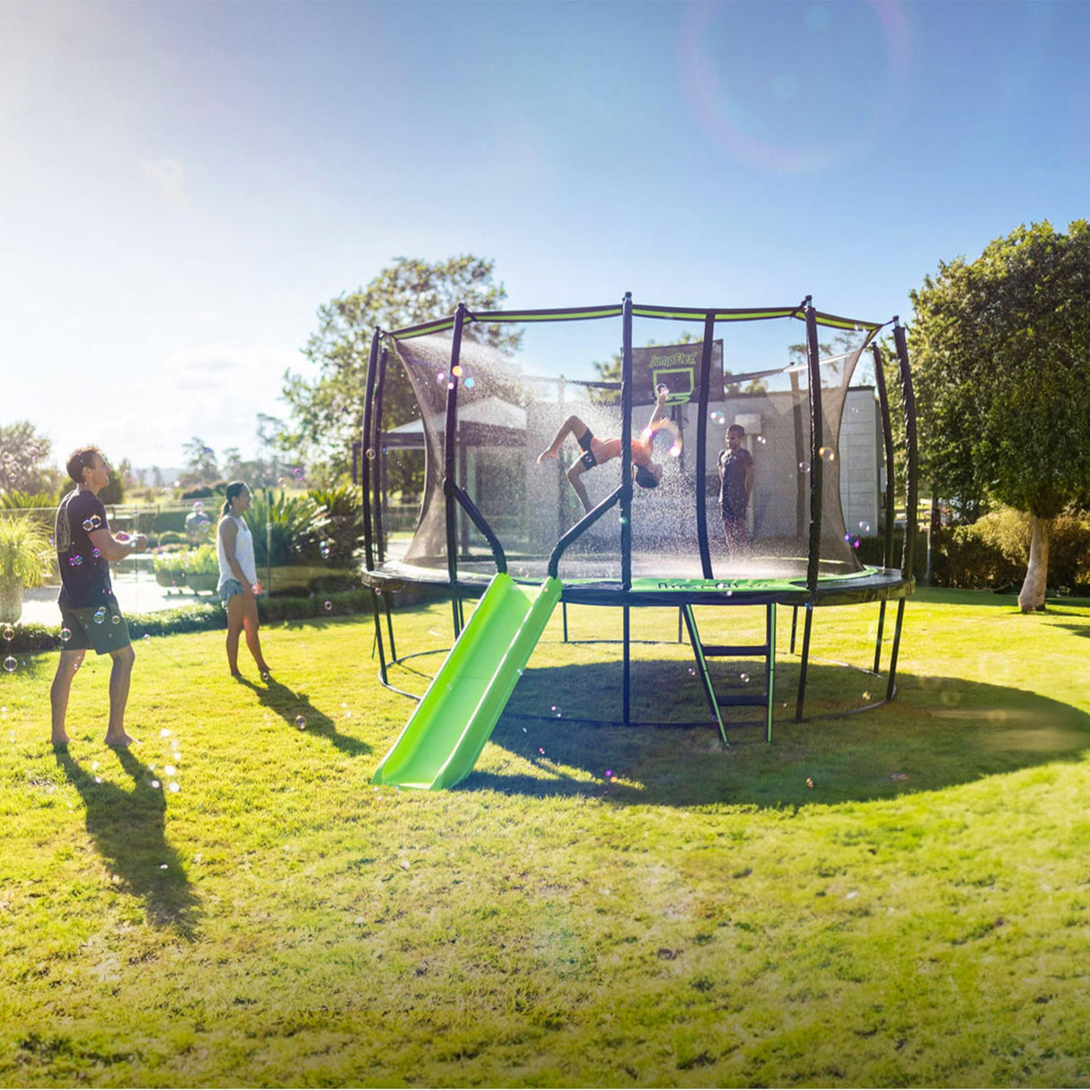 JumpFlex Hero Round Outdoor Backyard Trampoline with Net Safety Enclosure and Ladder, 15ft Jumpflex