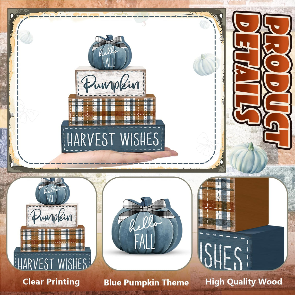 Britimes 4 Pcs Blue Pumpkins Fall Decor Wooden Tiered Tray Sign, Farmhouse Rustic Autumn Pumpkin Decorations Stack Block Set Harvest Wishes Table Centerpieces for Home Kitchen Shelf Britimes