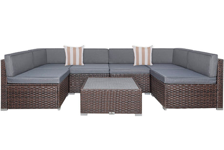 Welpatio Outdoor Patio Furniture Sets, 7 Pieces PE Rattan Wicker Outdoor Sectional Sofa Patio Conversation Set with Cushions and Coffee Table, Dark Brown/Gray Welpatio