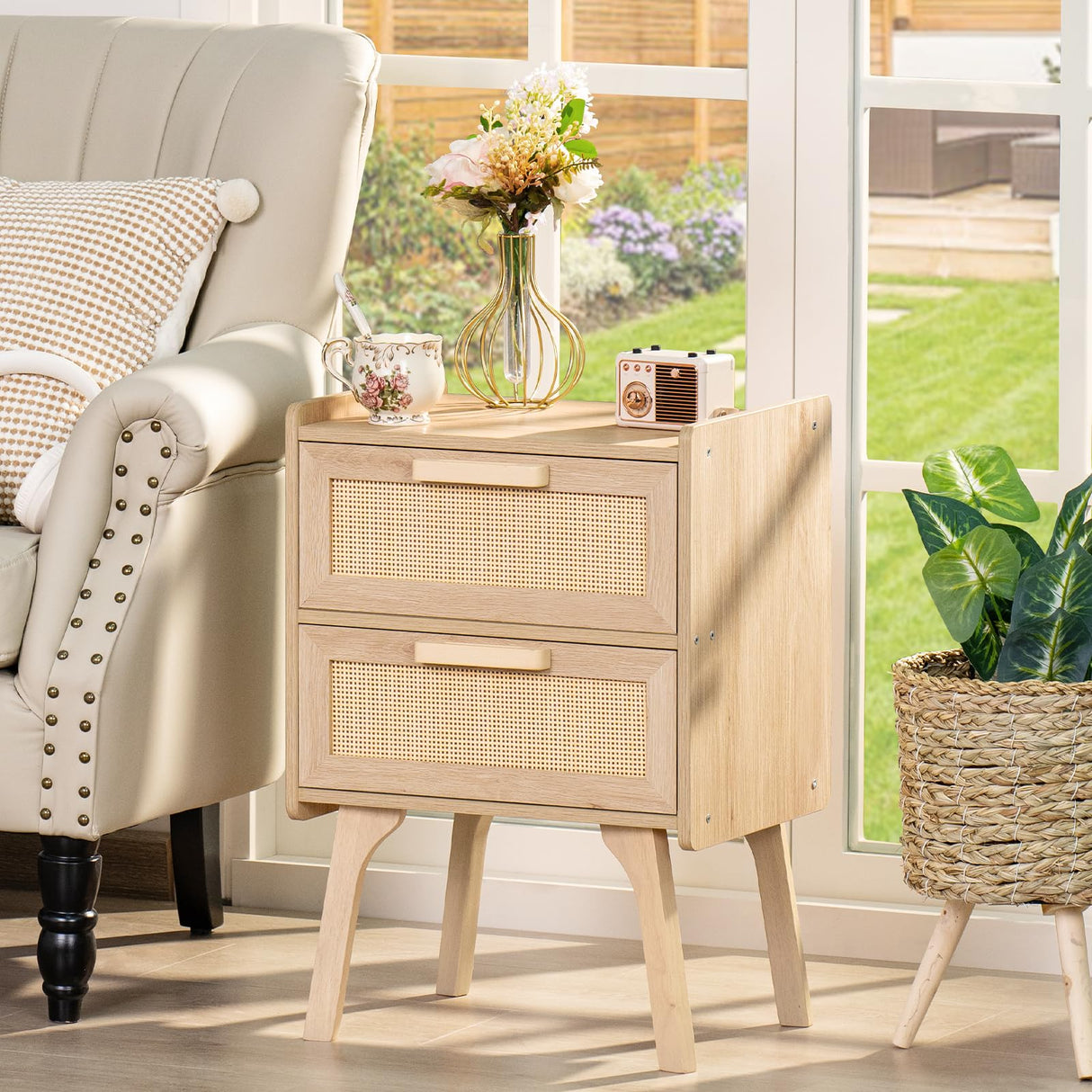 Lerliuo Rattan Nightstand, Boho Night Stand with 2 Drawers, Cane Accent Side End Table, Bedside Table with Solid Wood Legs for Bedroom, Dorm and Small Spaces (Natural) Lerliuo