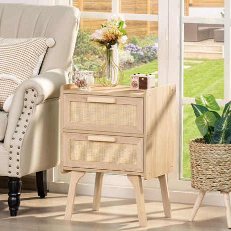 Lerliuo Rattan Nightstand, Boho Night Stand with 2 Drawers, Cane Accent Side End Table, Bedside Table with Solid Wood Legs for Bedroom, Dorm and Small Spaces (Natural) Lerliuo