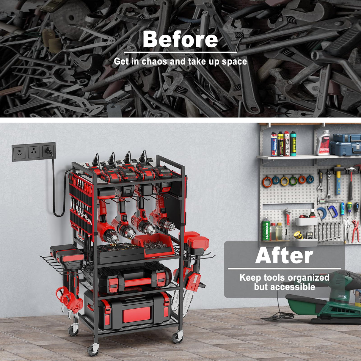 JUNNUJ Garage Large Power Tool Organizer Cart with 20A Power Strip, Heavy Duty Drill and Tools Battery Holder Storage Rack with Charing Station, Floor Standing Rolling Tool Cart Shelf on Wheels JUNNUJ
