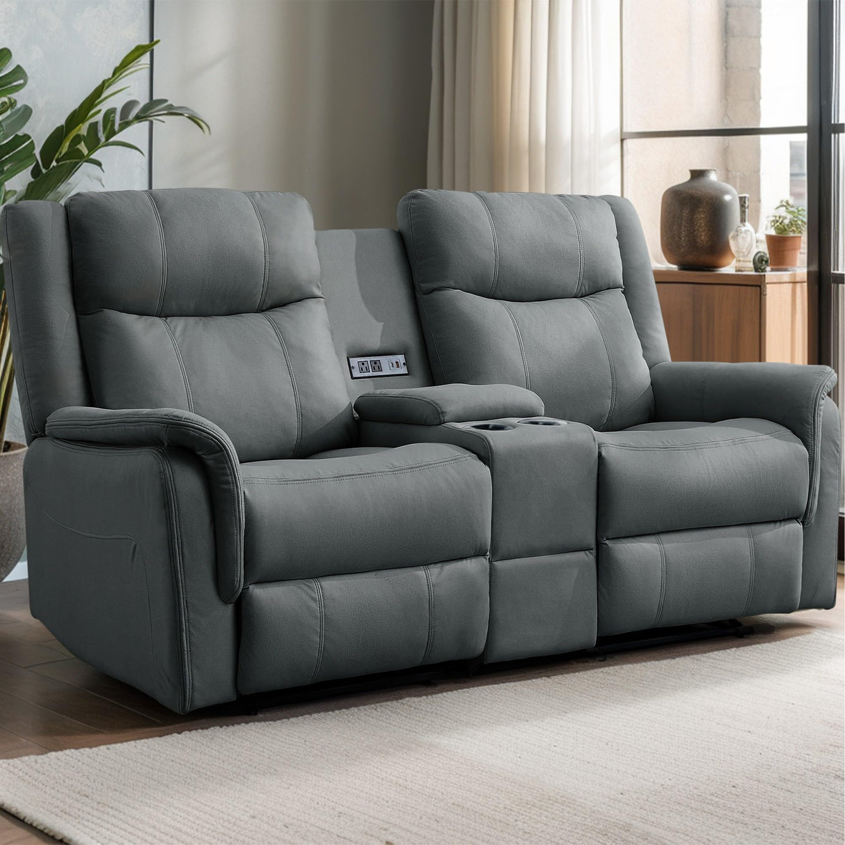 Korser Loveseat Recliner Sofa, Reclining Loveseat Couch with Manual Pull Tab, Reclining Couch with Console, USB Port, US Outlets, and Cup Holders, 2-Seater Performance Fabric Sofa for Living Room, RVs Korser
