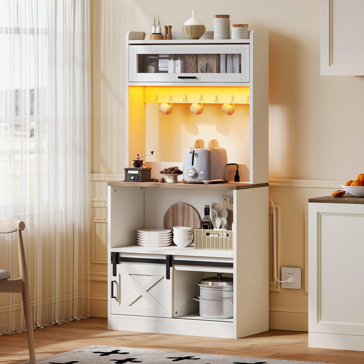 DWVO Bakers Rack with Power Outlet and Storage Cabinet, 5-Tier Farmhouse Kitchen Microwave Stand with LED Lights,Heavy Duty Coffee Bar Table Station with 7 Hooks for Dining Living Room, White DWVO