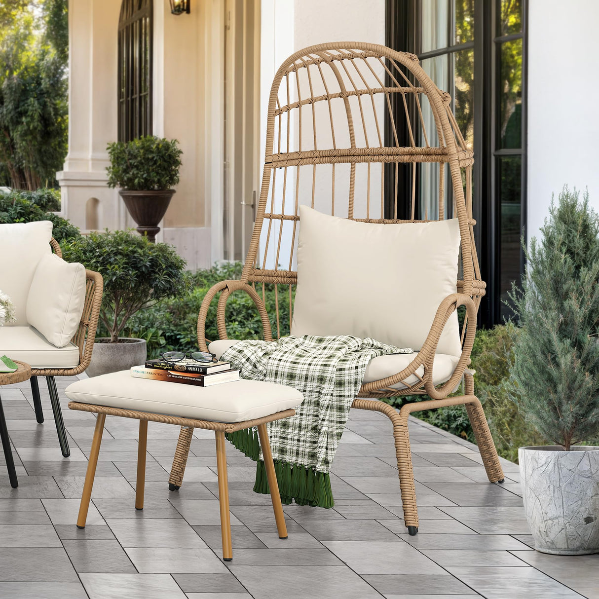 DWVO Egg Chair with Ottoman Outdoor, 370lbs Capacity Wicker Patio Glider Basket Chair with Footrest, All-Weather Small Egg Lounger Chair for Indoor Outside, Beige DWVO