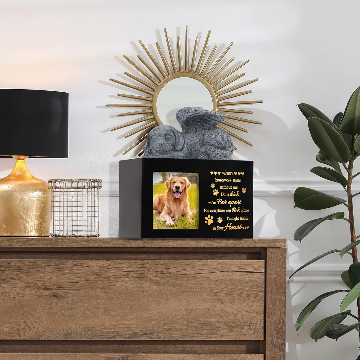 LPREUTWN Pet Urns for Ashes, Large Wooden Pet Urns for Dog or Cat Ashes with Dog Angel, Memorial Keepsake Memory Box with Photo Frame, Loss Pet Sympathy Remembrance Gift (Black) LPREUTWN