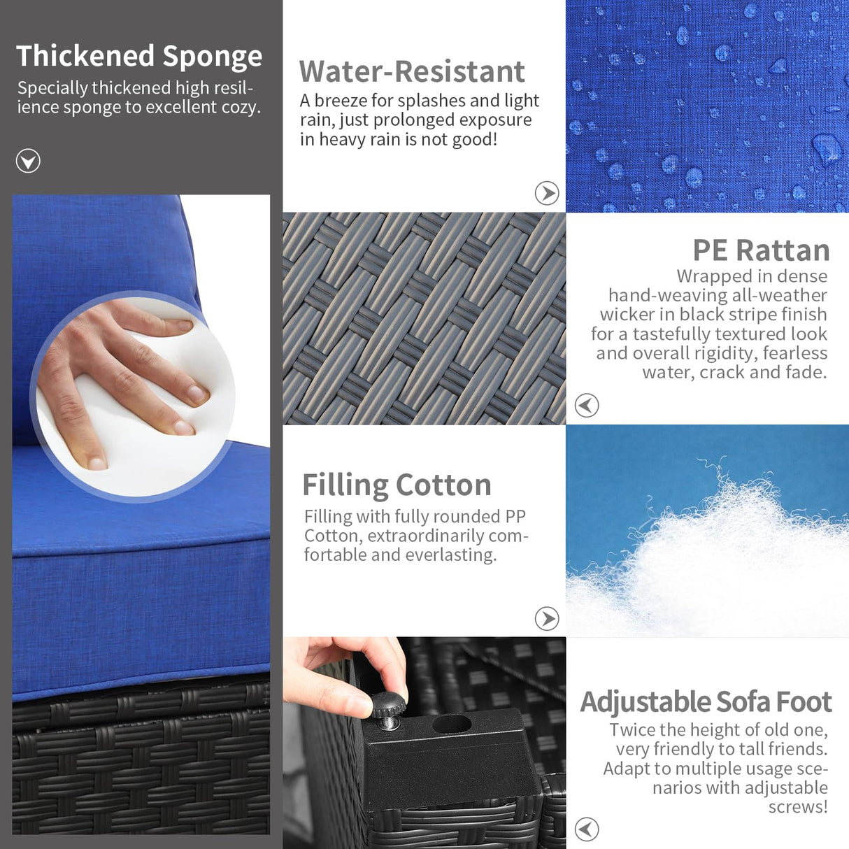 6 Pieces Patio Wicker Furniture Set Outdoor PE Rattan Conversation Couch Sectional Chair Sofa Set with Royal Blue Cushions Rattaner