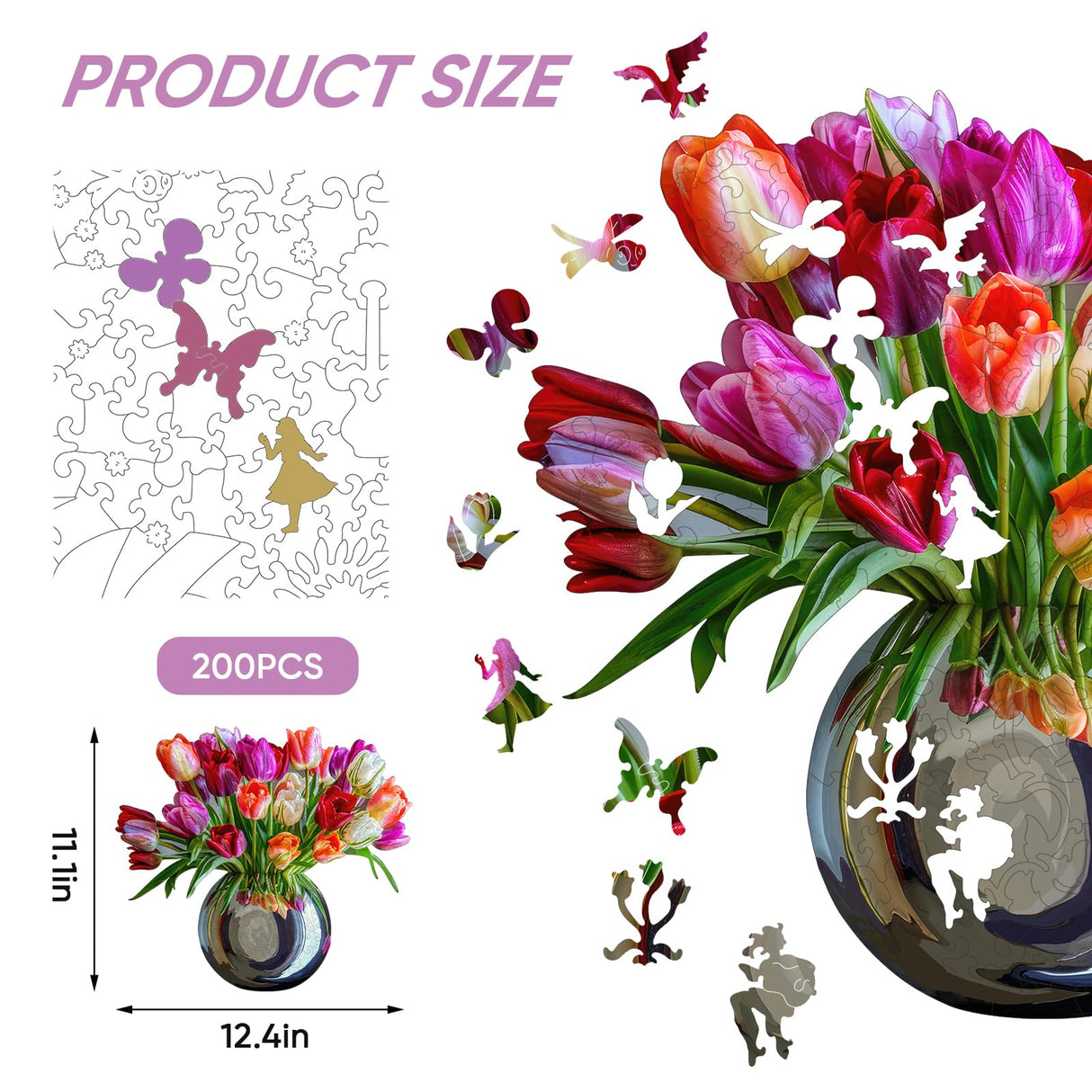 Ruikiyart Wooden Jigsaw Puzzle for Adults Colorful Tulip Vase 200Pcs Unique Shapes Jigsaw Puzzles Great Gift for Adults and Couples on Valentine's Day,Women's Day,Thanksgiving 11.1x12.4 Inches Ruikiyart