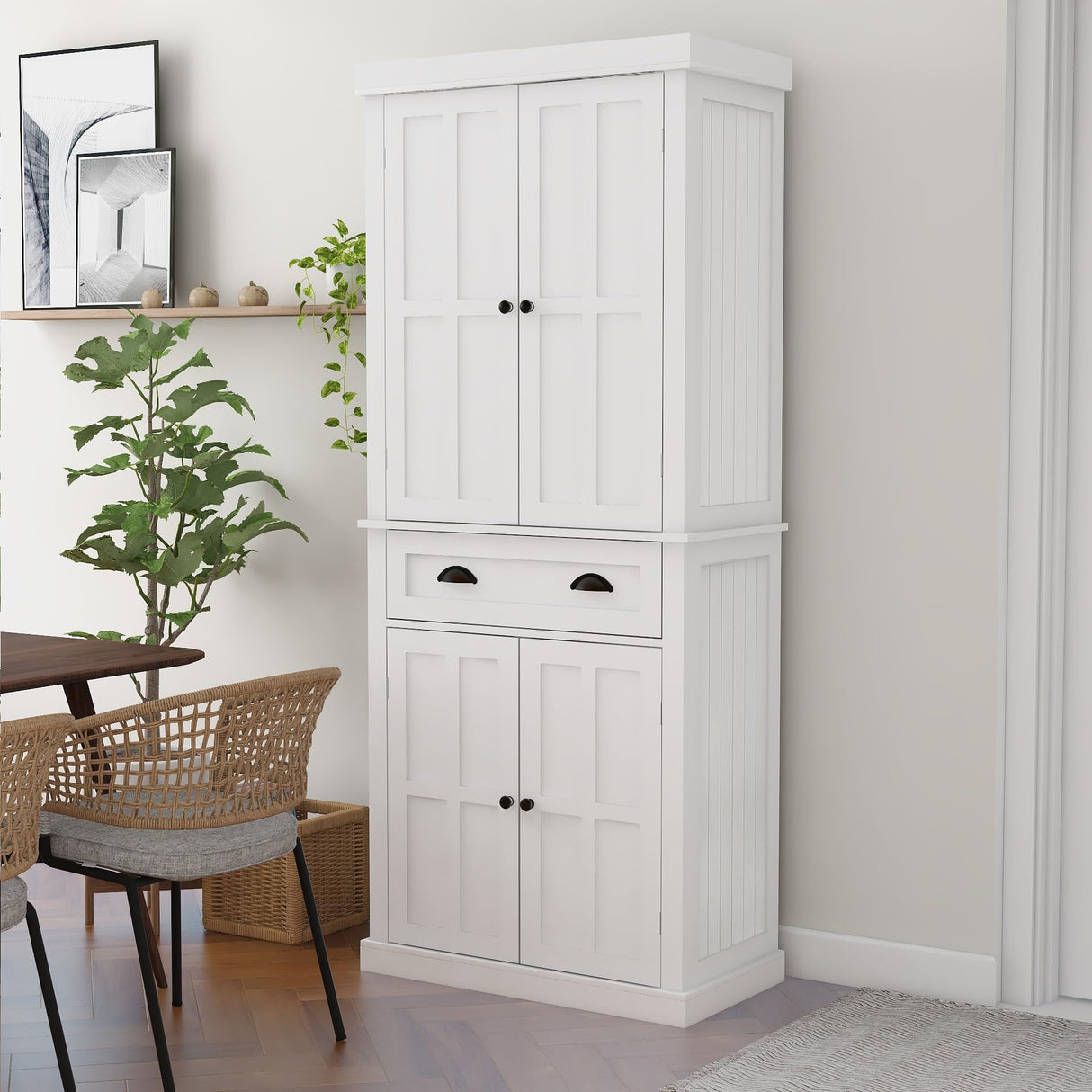 RASOO Kitchen Pantry Cabinet 72" Freestanding Pantry Storage Cabinet with Drawer and Adjustable Shelves Cupboard Buffet Cabinet,Bathroom or Hallway, White (Grid) RASOO