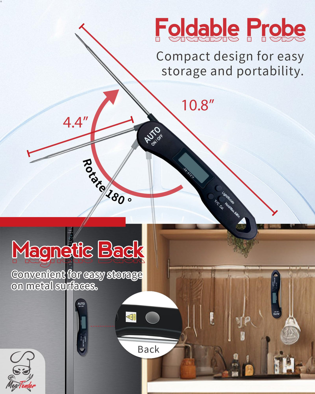 Digital Meat Thermometer for Grilling and Cooking - Instant Read Food Thermometer with Backlight & Inverted Display, for Kitchen, Deep Fry, BBQ, Grill, Baking, Bread, Sourdough, Candy Meatender