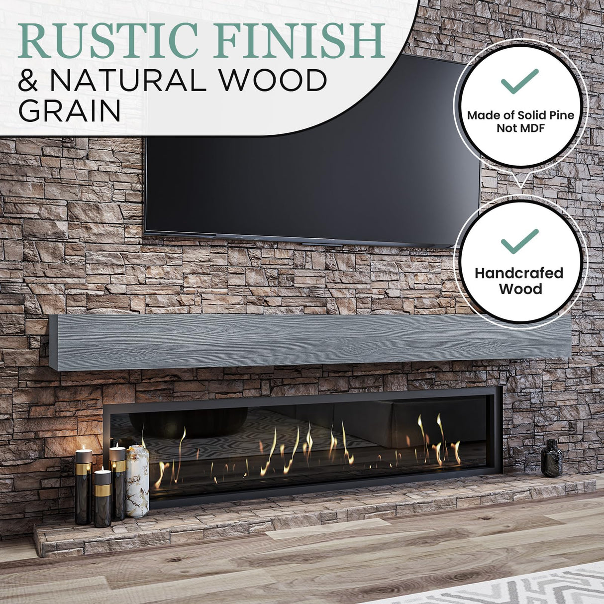 THLYNSAM Fireplace Mantel 48 inches Floating Shelf with Rustic Finish Wood Wall Shelf with Invisible Heavy Duty Bracket for Living Room Décor, 48L x 6H x 8D, Grey THLYNSAM