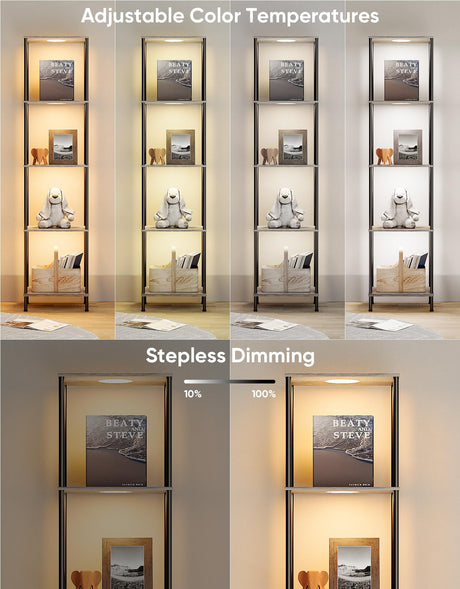 Display Shelf with RGBW Light, Color Changing Curio Cabinet Floor Lamp with Shelves Corner Standing Column Lamp Etagere Organizer Tower Nightstand Bookcase for Living Room Bedroom Office Décor, Gray PARTPHONER