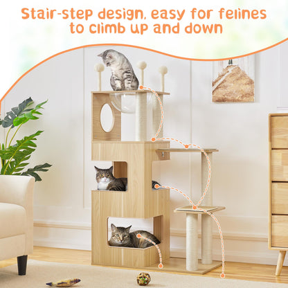 Yaheetech Wooden Cat Tree, 53in Modern Cat Tower for Indoor Cats with Scratching Posts Washable Detachable Cushion, Clear Bowl & Teasing Balls, Multi-Level Heavy Duty Cat Condo Furniture for  - WoodArtSupply