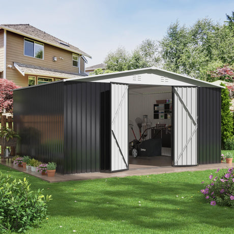 Polar Aurora 12x14 FT Outdoor Storage Shed, Garden Shed with Updated Frame Structure and Lockable Doors, Metal Tool Sheds for Backyard Garden Patio Lawn, White Polar Aurora
