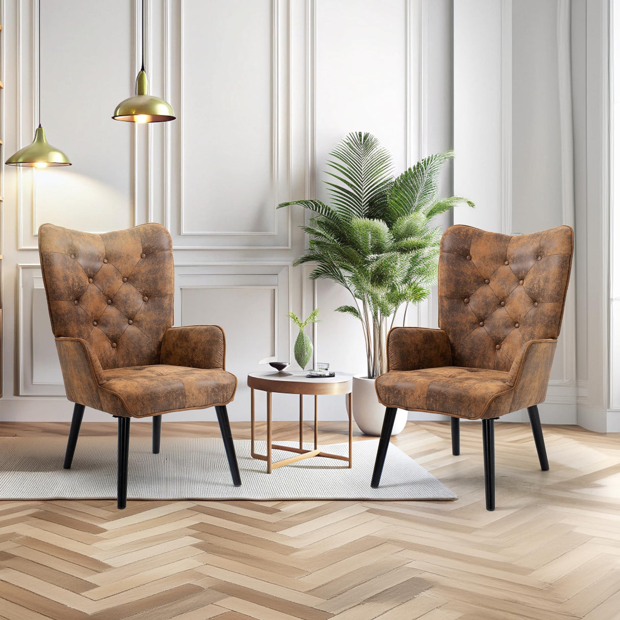 ECOTOUGE 2 Pieces WingBack Chair, Rustic Accent Chair with Arms Upholstered, Button Backrest for Living Room (Brown) ECOTOUGE