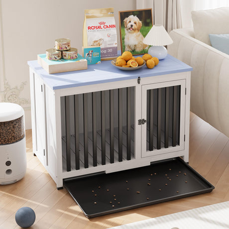 GarveeLife 33in Furniture Dog Crate, Large/Medium Dog Crate End Table, Solid Wood Portable Foldable Indoor, No Assembly Needed (White and Blue) GarveeLife