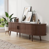 69" Mid Century Modern TV Stand with Charging Station, Farmhouse Curved Round Edge TV and Media Console Table with Drawer and Shelf, Fluted Entertainment Center for Living Room, Bedroom, Walnut Alohappy