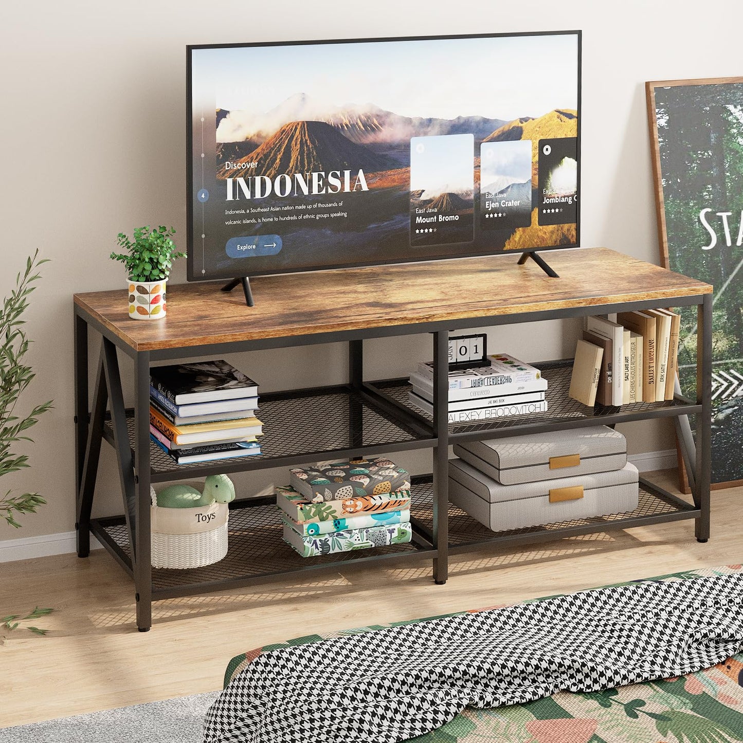 Katrawu TV Stand for TV up to 55 Inch, Long 43" TV Cabinet with 3-Tier Storage Shelves,Entertainment Center TV Console Table for Living Room with Industrial TV Metal Frame, Rustic Brown