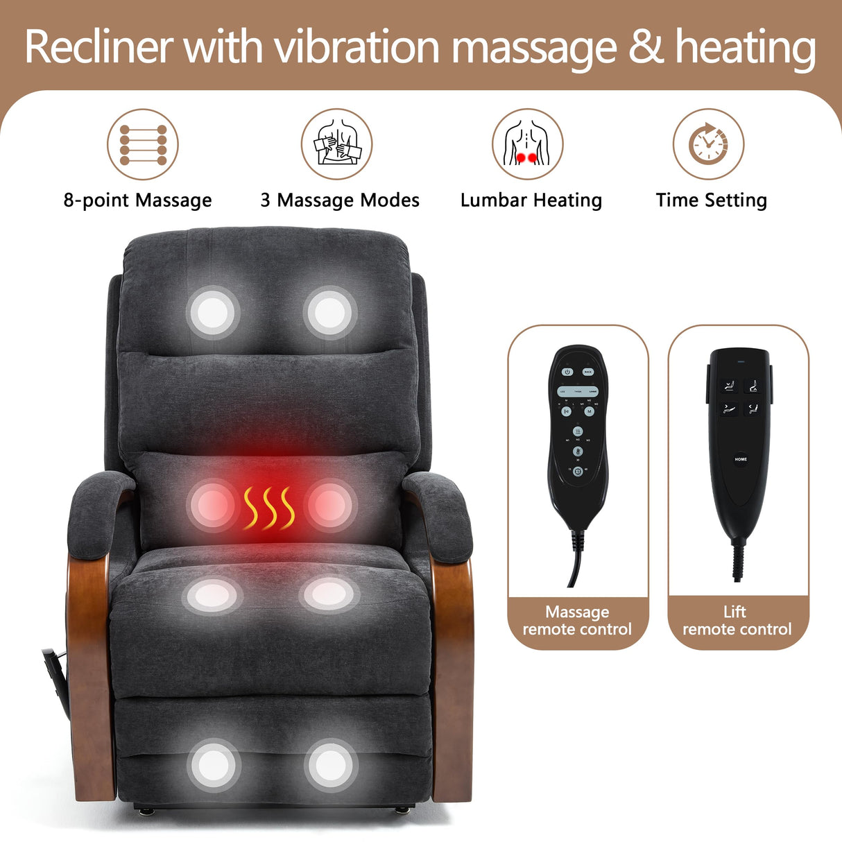 Power Lift Recliner Chair for Elderly People, Dual Motor Lift Chair with Vibration Massage and Heat, Lay Flat Recliner with Solid Wood Armrest, Standing Assistance Reclining, Chenille Fabric Black EZZUP