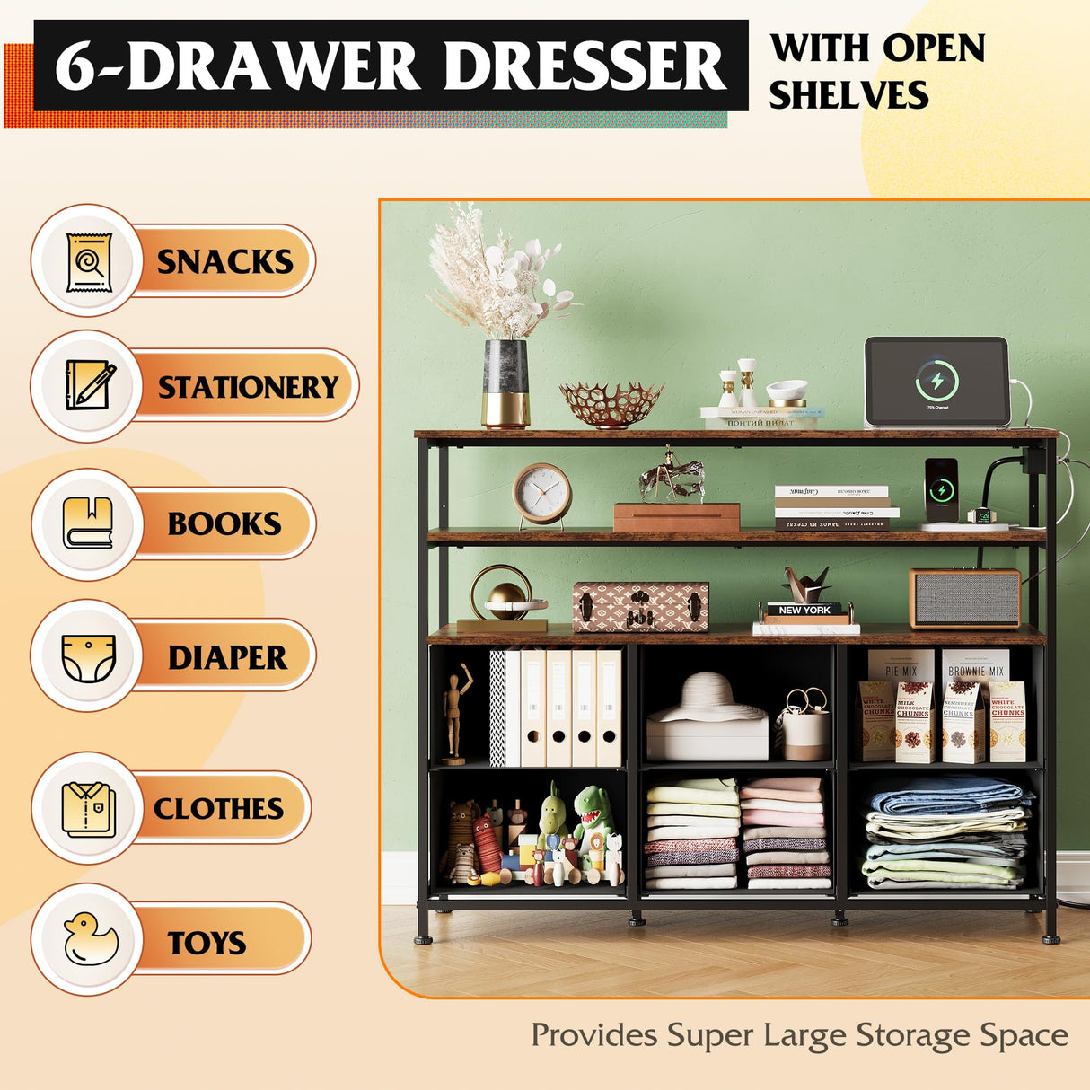 WLIVE Led Dresser for Bedroom, Dresser TV Stand for Bedroom with LED Lights and Power Outlet, Wide Chest of Drawers with Open Shelves for Entryway, 6 Fabric Drawers for Living Room, Rustic Brown WLIVE