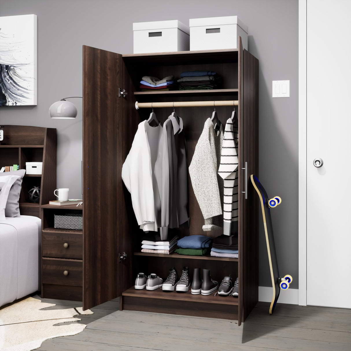 Prepac Elite 32" Storage Cabinet Closet, Brown Storage Cabinet, Linen Cabinet, Wardrobe Cabinet with Hanging Rail and Shelves 20" D x 32" W x 35" H, EEW-3264 Prepac