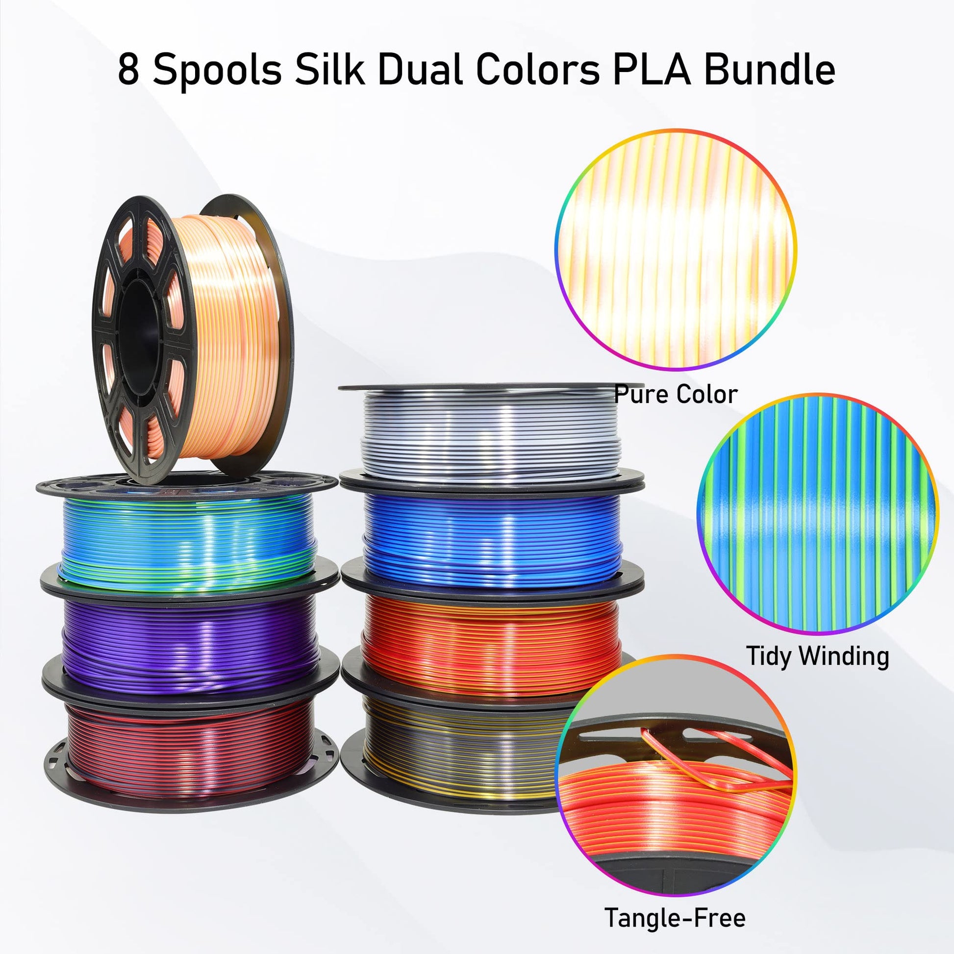 BBLIFE 8 Spools Dual Color Silk PLA 3D Printer Filament Bundle, Silk White/Black, Red/Black, Gold/Black, Purple/Black, Purple/Blue, Red/Gold, Green/Blue, Yellow/Pink, 1.75mm Bicolor Silk PLA  - WoodArtSupply