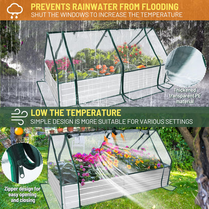 DIIYIV 4x3x1 Raised Garden Bed with Cover-Outdoor Galvanized Planter Box, Bottomless Flower Bed with Clear Cover, Raised Garden Bed Kit with Dual 2-Tier Roll-Up Windows, Easy Venting & Watering