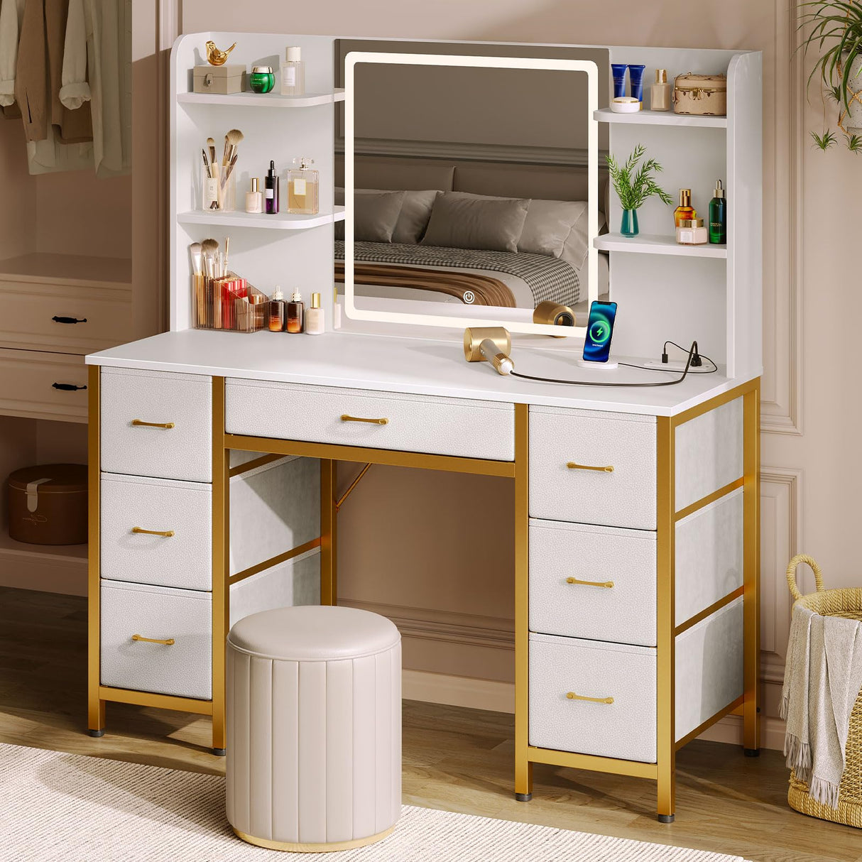 Rolanstar Vanity Desk with Lighted Mirror & Power Outlet, Makeup Vanity with 7 Fabric Drawers, 6 Storage Shelves & 3 Lighting Modes, Dressing Table for Bedroom, Girls, Women, White and Gold Rolanstar