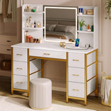 Rolanstar Vanity Desk with Lighted Mirror & Power Outlet, Makeup Vanity with 7 Fabric Drawers, 6 Storage Shelves & 3 Lighting Modes, Dressing Table for Bedroom, Girls, Women, White and Gold Rolanstar