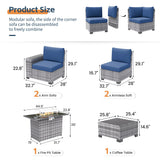 UDPATIO 7 Piece Patio Furniture Set with Fire Pit Table, 8''Wide Armrest Modular Rattan Outdoor Sectional Sofa Set,Wicker Patio Conversation Sets for Backyard,Deck w/ 4'' Cushions,Cover(Grey/Blue) UDPATIO