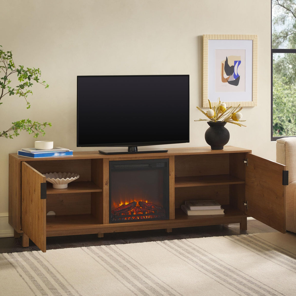 Walker Edison Arundo Reeded TV Stand with Fireplace & Storage, 70" Fireplace, English Oak Walker Edision