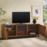 Walker Edison Arundo Reeded TV Stand with Fireplace & Storage, 70" Fireplace, English Oak Walker Edision