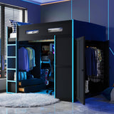 Modern Full Size Wood Gaming Loft Bed with Desk and Wardrobe,USB Port and RGB LED Light,for Kids Teens Adults Bedroom Use (Cloud Blue#RGB, Full) Brabrety