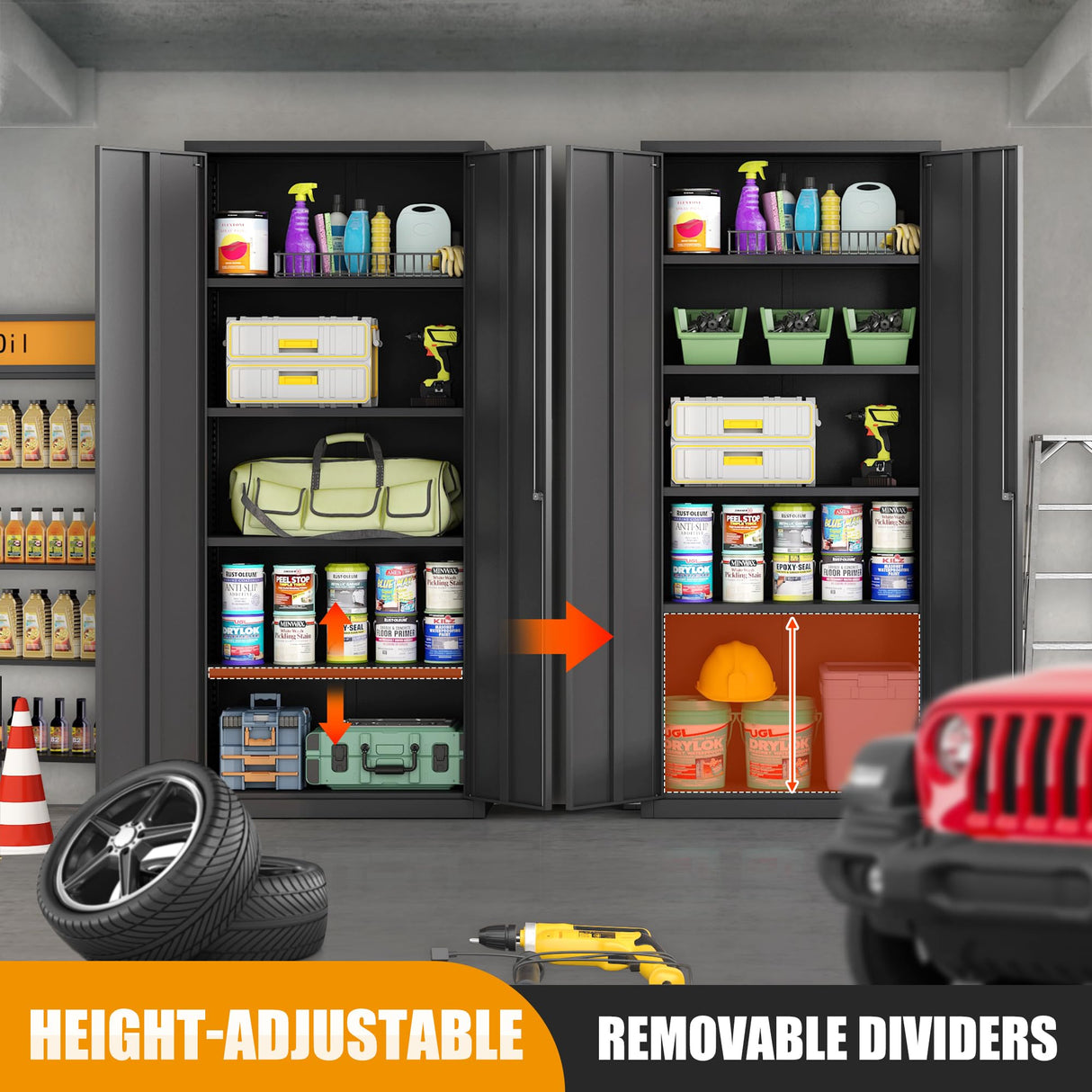 Metal Storage Cabinets, 71'' Tall Metal Garage Storage Cabinets with Lock,Sturdy Metal Cabinet Storage with 4 Adjustable Shelves and Doors, BLack Steel Cabinet for Garage,Offices,Basement,Storerooms Leariso