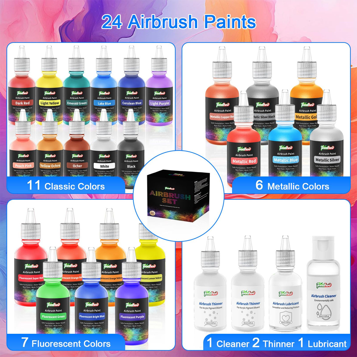 FOODHOO Airbrush Paint 24 Colors, Water Based Airbrushing Paint, Acrylic Paints for Airbrush with 2 Thinner, 1 Lubricant and 1 Cleaner, Bright Air Brush Paint for Metal, Models, Canvas, Wood, 30ml FOODHOO
