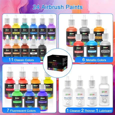 FOODHOO Airbrush Paint 24 Colors, Water Based Airbrushing Paint, Acrylic Paints for Airbrush with 2 Thinner, 1 Lubricant and 1 Cleaner, Bright Air Brush Paint for Metal, Models, Canvas, Wood, 30ml FOODHOO
