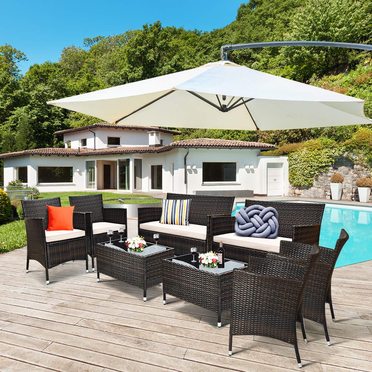 Tangkula 8 PCS Patio Rattan Conversation Set, Outdoor Wicker Furniture Set with Tempered Glass Coffee Table &Thick Cushion, Rattan Chair Wicker Set for Garden, Lawn, Poolside and Backyard (2, Brown) Tangkula