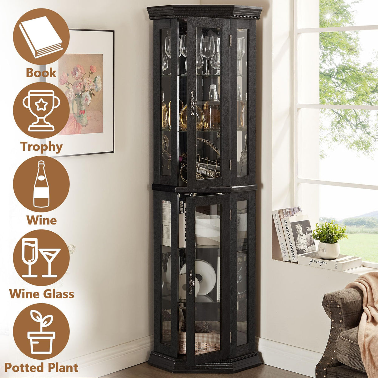 MWrouqfur 70'' Corner Curio Cabinet with Lights, Black Display Cabinet with Glass Doors, Corner China Cabinets with Adjustable Tempered Glass Shelves, Gift to Wife/Friends/Mother (Black) MWrouqfur