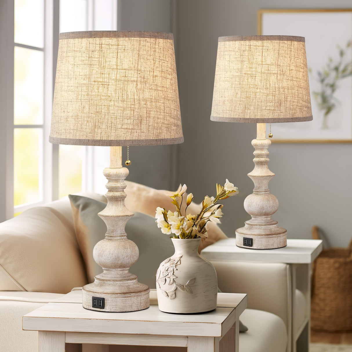 Drawealth Table Lamps for Bedrooms Set of 2 Farmhouse Bedside Lamps for Nightstand with USB Charging Ports Traditional Side Table Lamps for Living Drawealth