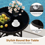 RELAX4LIFE 3-Piece Outdoor Bar Set - Patio Wicker Rattan Bar Height Barstools w/Cushions, Footrest, Round Glass Top Table, High Top Bistro Table & Chairs Set of 2 for Pool Porch Balcony (Brown-Beige) RELAX4LIFE