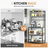 Shintenchi Bakers Rack with Power Outlet, Large Storage Space, 10 Hooks Coffee Bar with Metal Wire Panel, High Microwave Stand, Classic Kitchen Storage Shelf Design, Grey Shintenchi