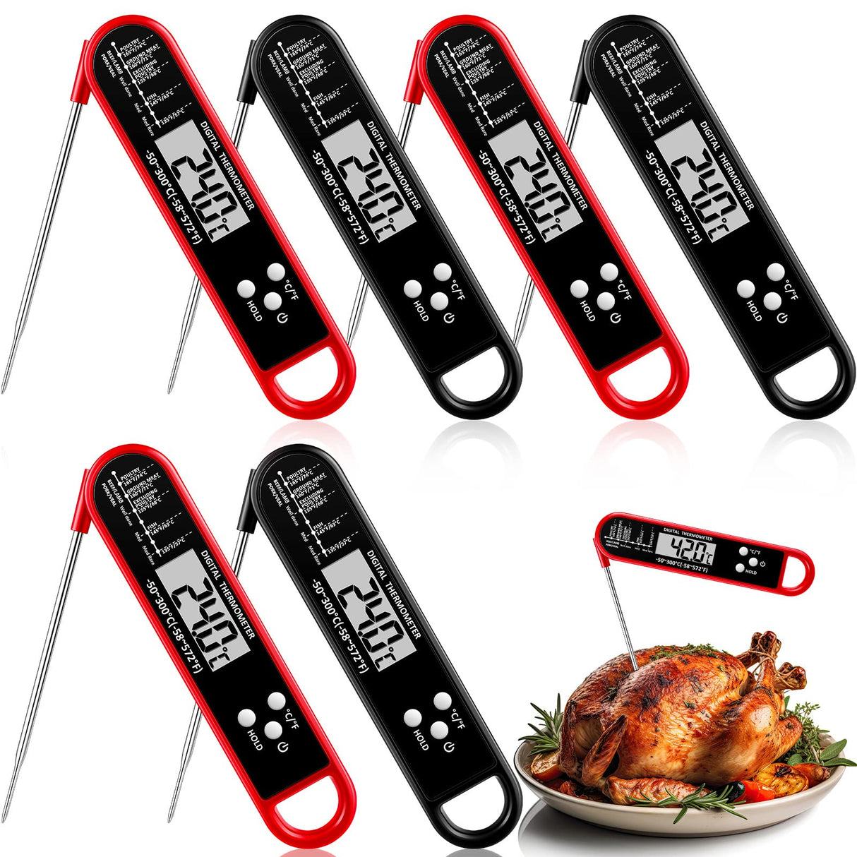 Xuhal 6 Pieces Digital Food Thermometer for Grill Cooking Instant Read Meat Thanksgiving Day Kitchen BBQ Waterproof Thermometer with Foldable Probe Magnet Calibration Turkey Outdoor Fry Xuhal