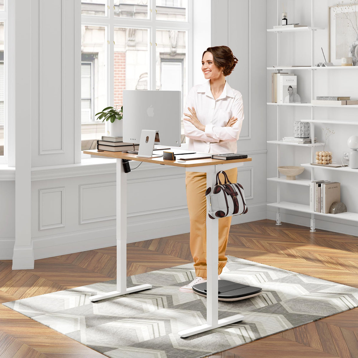 Meilocar Height Adjustable Electric Standing Desk, Sit Stand Computer Desk w/Memory Controller, Home Office Workstation Stand up Desk with Splice Board, 48" x 24" Tabletop (Walnut Top + White Frame) Meilocar