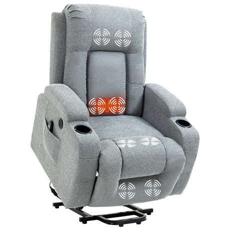 PELUMY Manual Lift Recliner Chair for Elderly with Massage & Heat, Oversized Heavy Duty 350 lbs Recliner with Cup Holders & USB Ports, Infinite Positioning Lift Chair for Adults (Linen Fabric, Grey) PELUMY